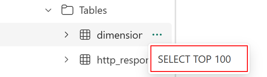 Capture d'écran dans l'interface notebook de la base de données SQL, montrant l'option SELECT TOP 100 à côté d'une table dans l’Explorateur d’objets.