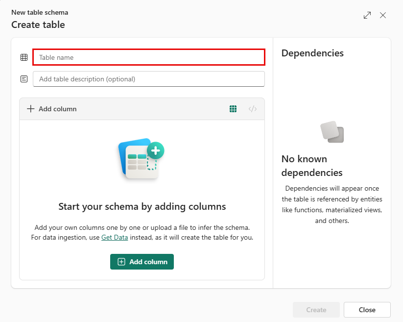 Capture d’écran de l’assistant Nouvelle table dans Real-Time Intelligence. Le nom et la description de la table sont surlignés.
