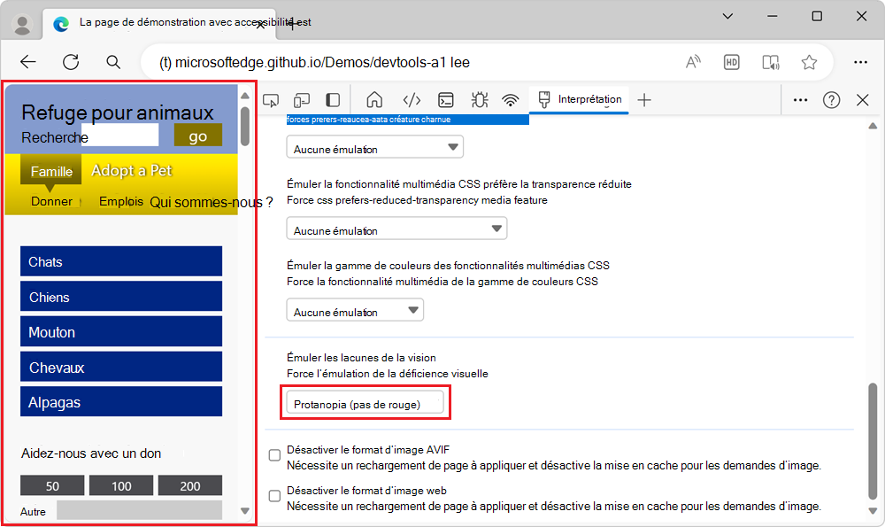 Fenêtre du navigateur, avec des couleurs modifiées dans la page web pour simuler la déficience de la vision des couleurs sélectionnée