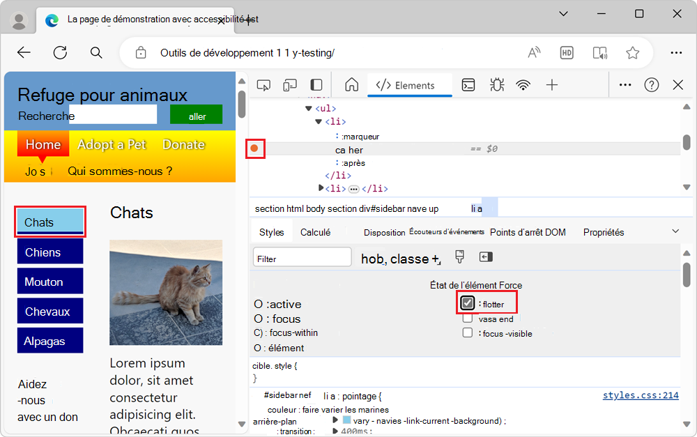DevTools simulant un état de pointage