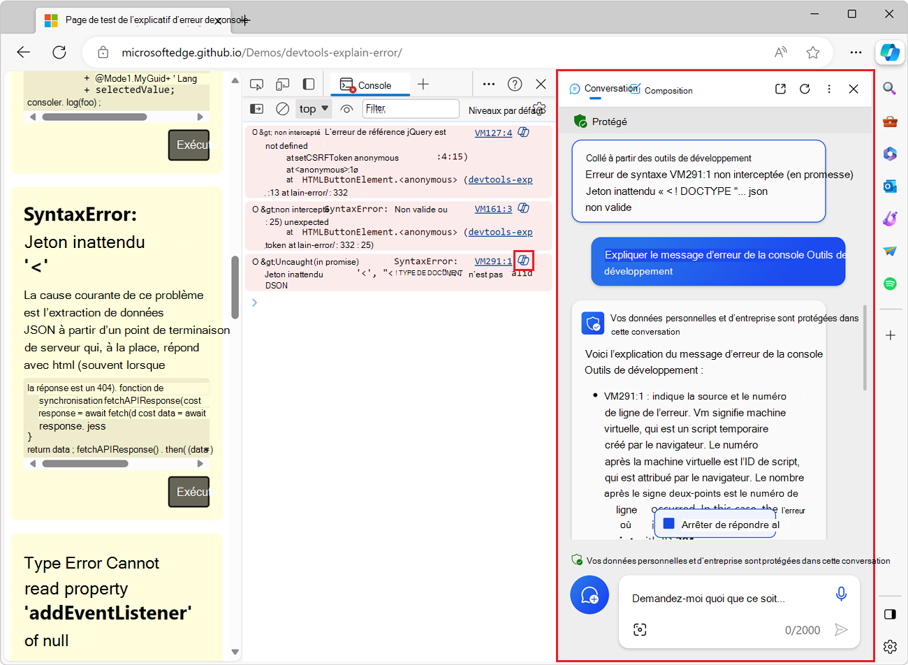 Copilot dans la barre latérale De Microsoft Edge, affichant le message d’erreur et l’explication.