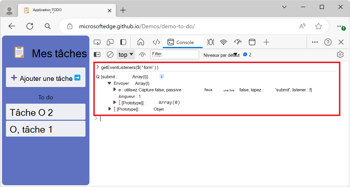 Sortie de l’utilisation de getEventListeners(form)