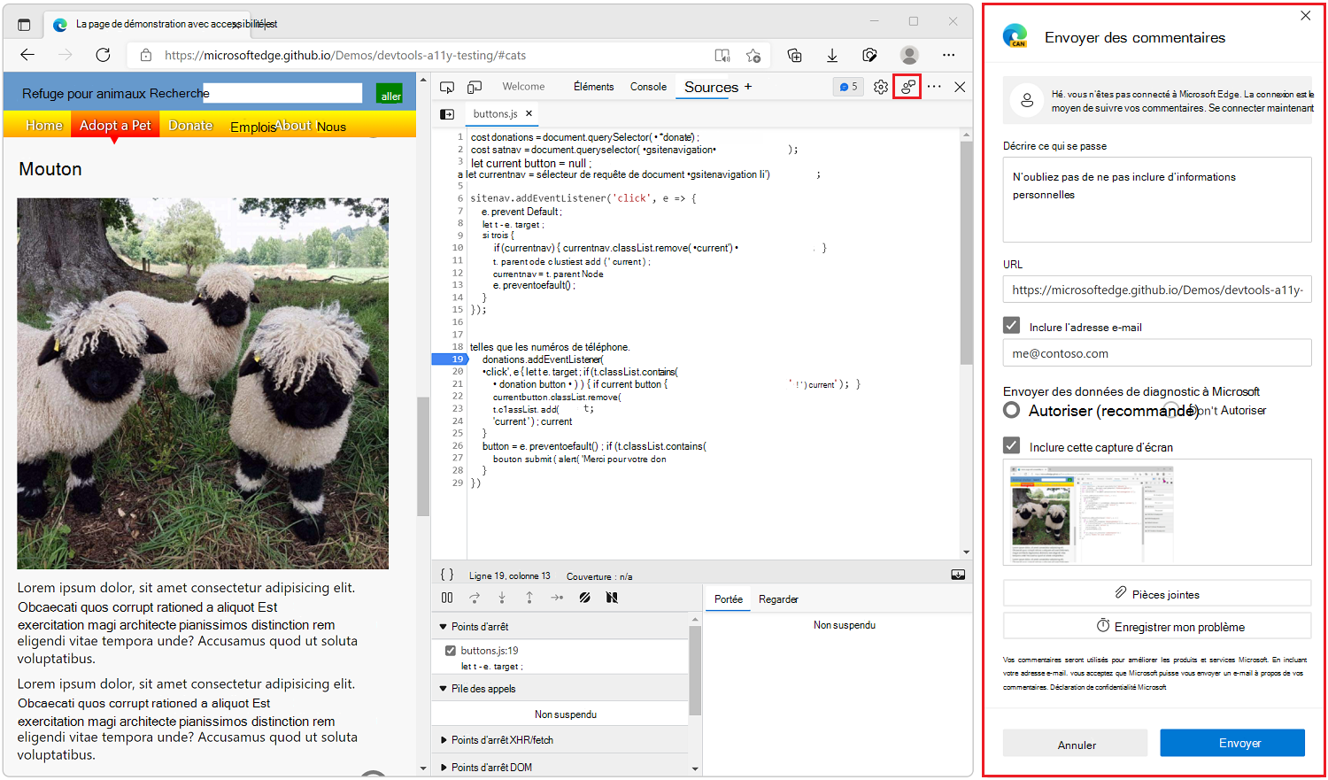 Bouton Envoyer des commentaires et fenêtre Envoyer des commentaires dans Microsoft Edge DevTools