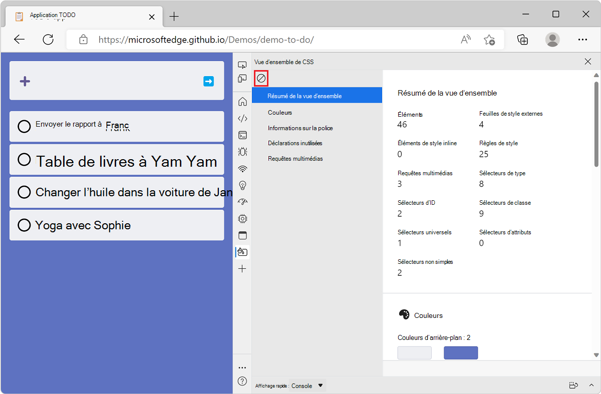 Microsoft Edge, avec l’application de démonstration liste toDO et DevTools à côté de celle-ci, affichant un rapport de vue d’ensemble CSS avec le bouton Effacer la vue d’ensemble en haut