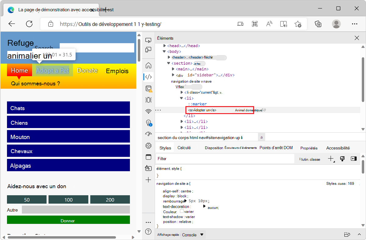 Microsoft Edge, avec l’application de démonstration toDO list et DevTools, montrant l’outil Elements, avec l’élément de problème de contraste des couleurs sélectionné