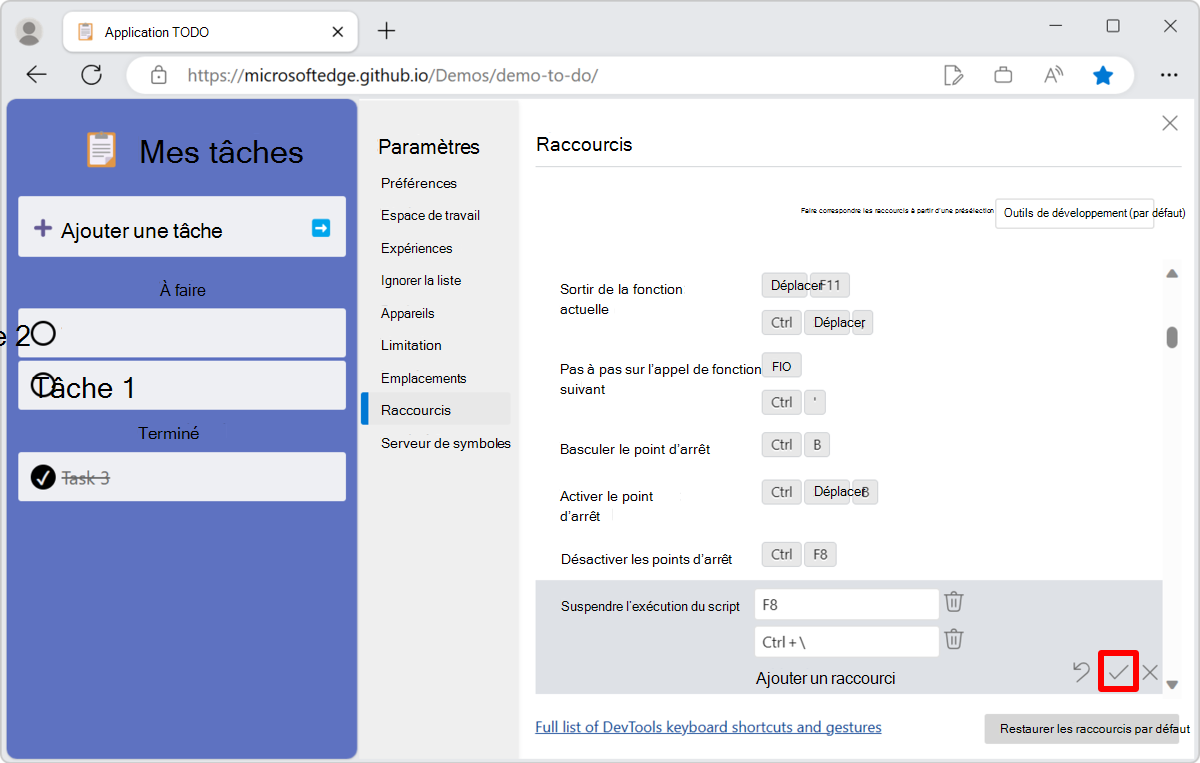 Bouton « Confirmer les modifications » pour enregistrer le raccourci clavier