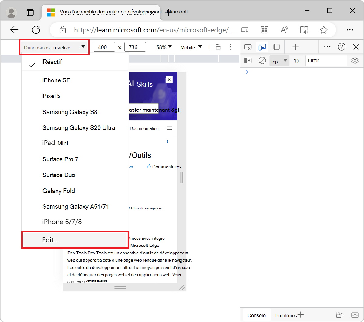 Sélection de Modifier dans la liste Appareil