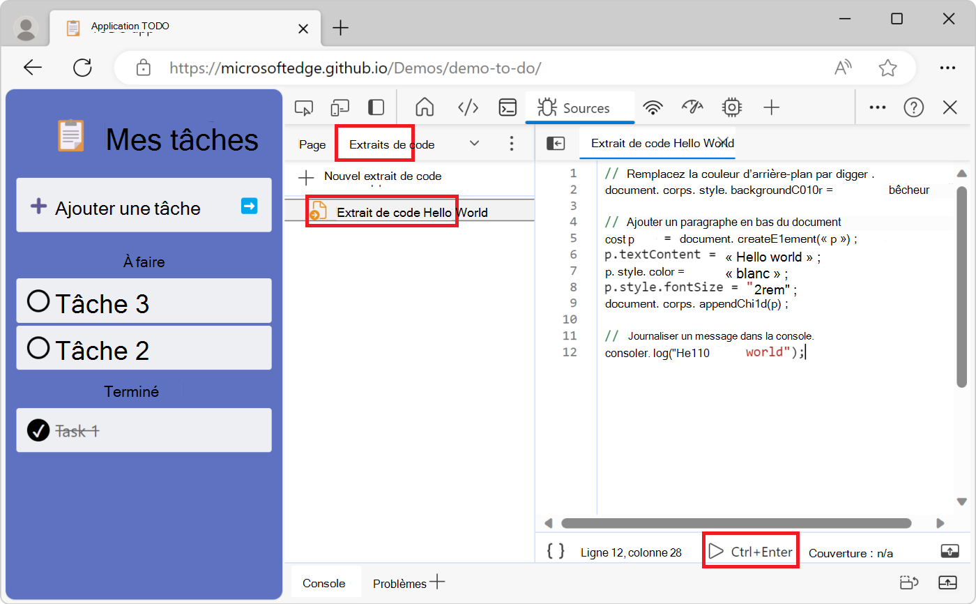 Bouton Exécuter l’extrait de code en bas de l’éditeur de code