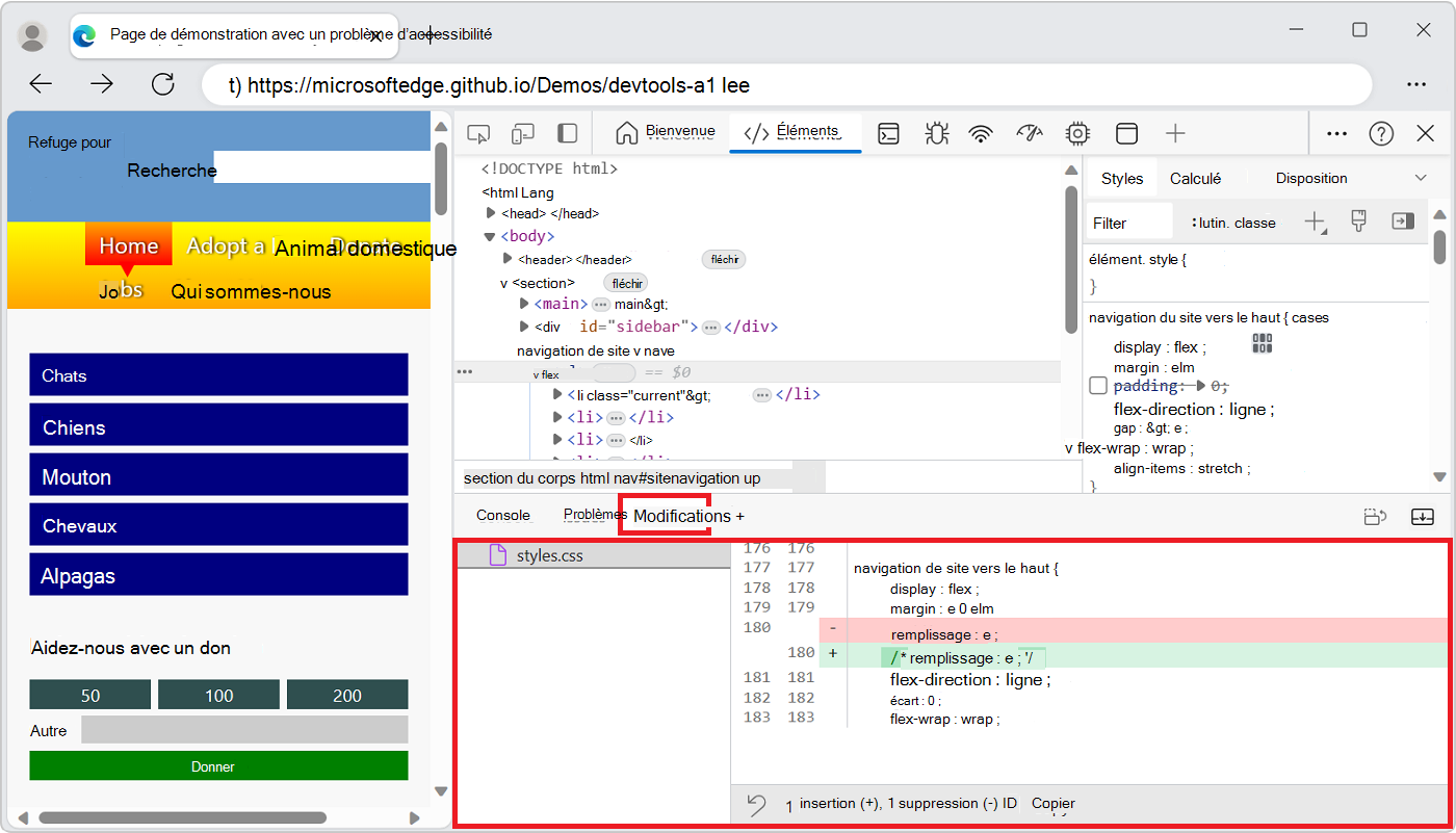 DevTools avec l’outil Modifications ouvert dans le panneau Affichage rapide