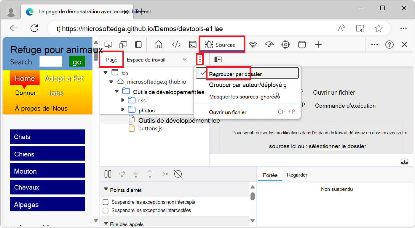 Fichiers de ressources de la page web regroupés par dossier sous l’onglet Page de l’outil Sources