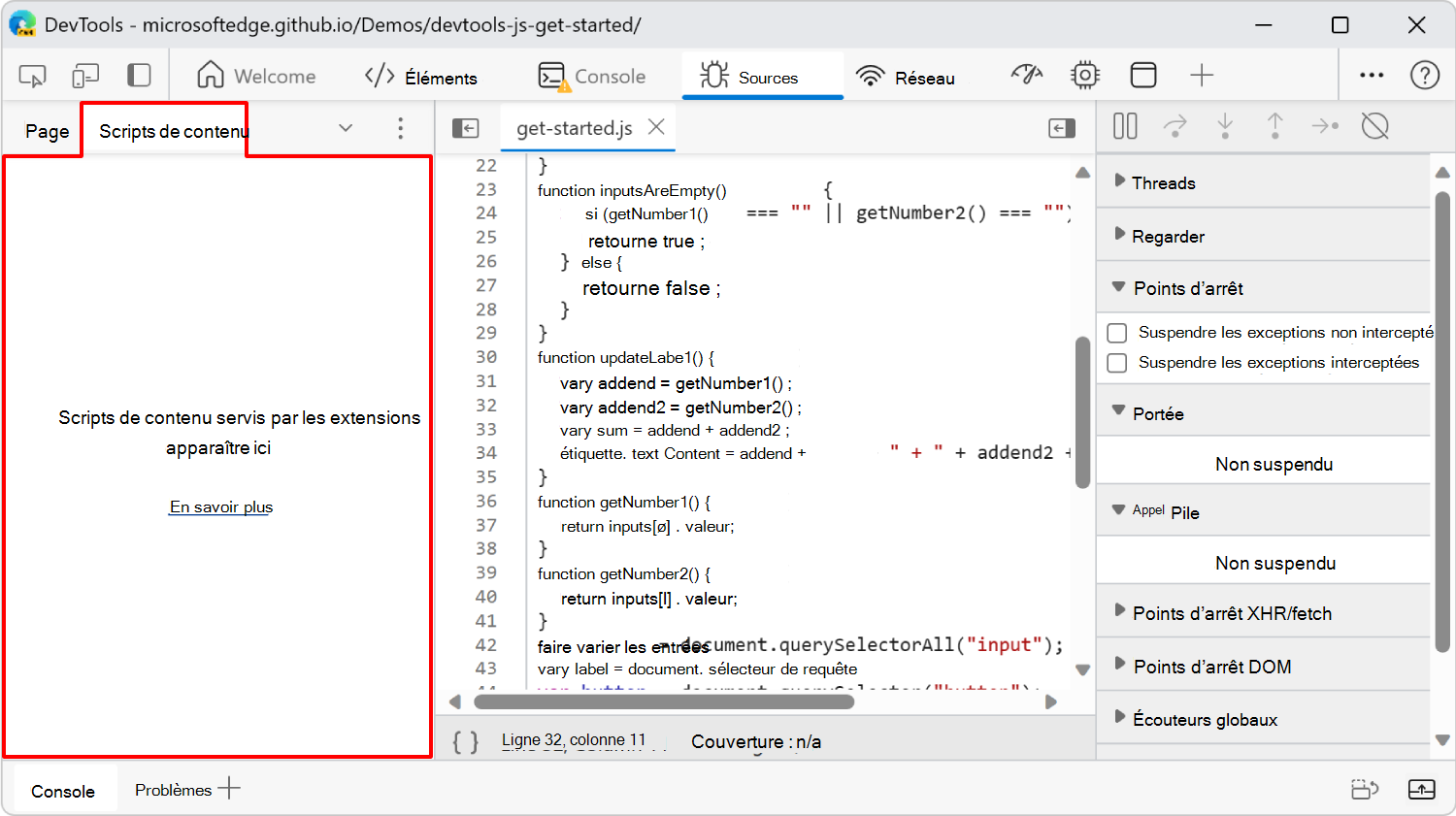 Onglet Scripts de contenu du volet Navigateur
