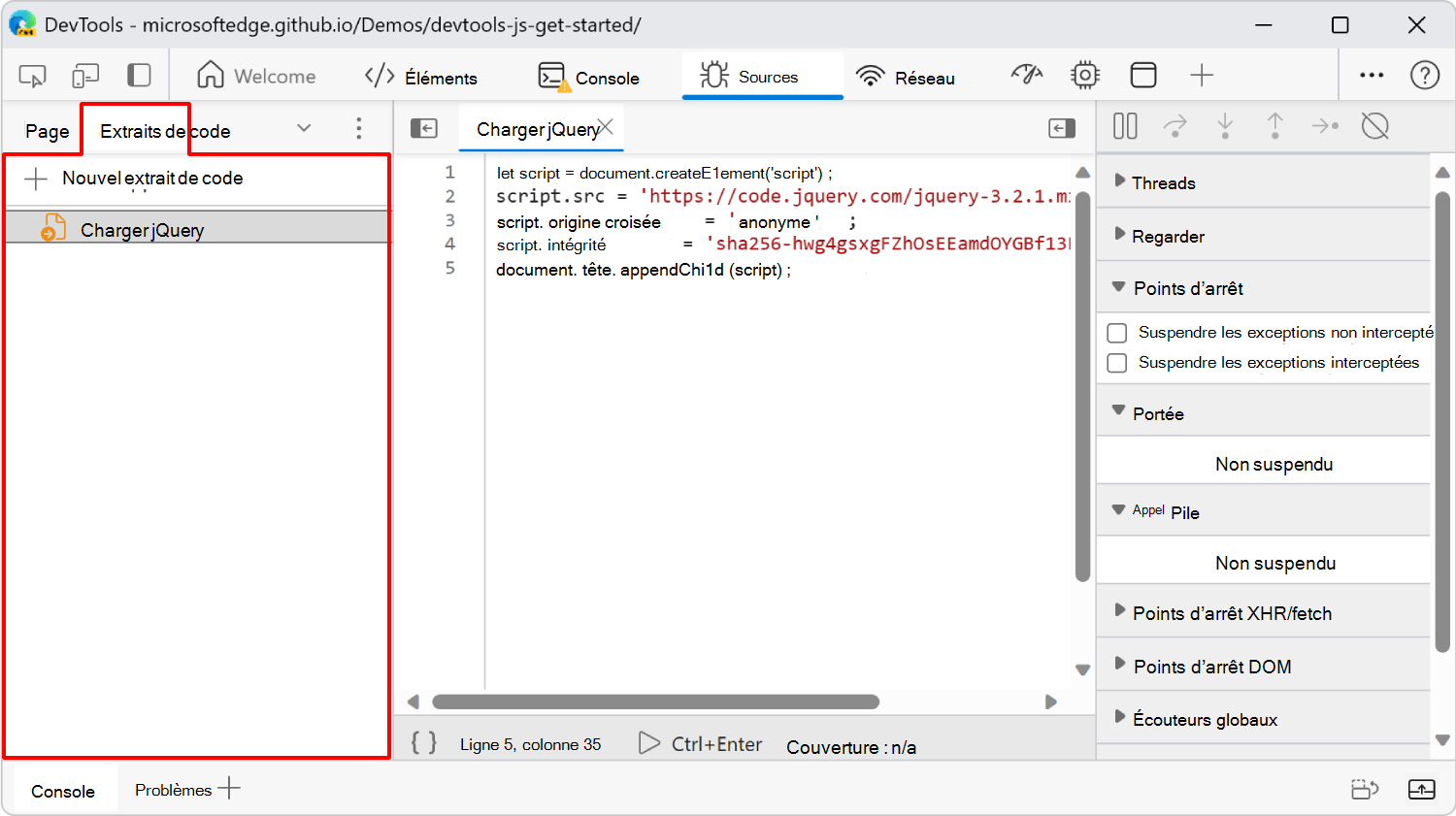Extrait de code qui insère la bibliothèque jQuery dans une page web