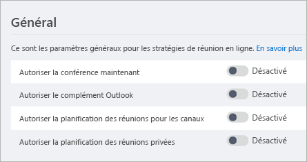 Capture d’écran des paramètres dans le centre d’administration de Microsoft Teams.