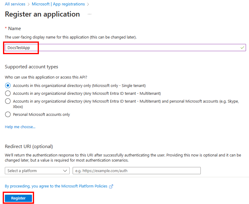 Capture d'écran du volet «&nbsp;Inscrire une application&nbsp;».