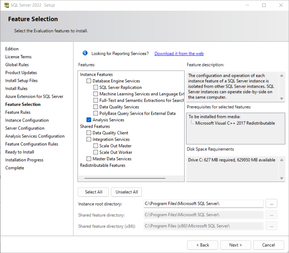 Arborescence des fonctionnalités de configuration montrant Analysis Services