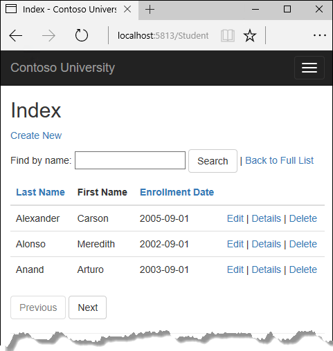 Page d’index des étudiants affichant les dates sans les heures