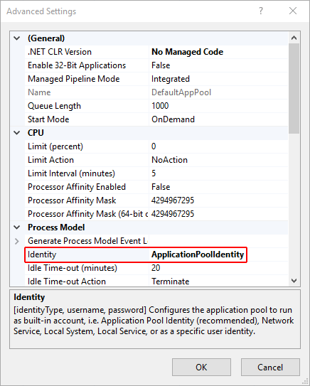 Boîte de dialogue Paramètres avancés du pool applications