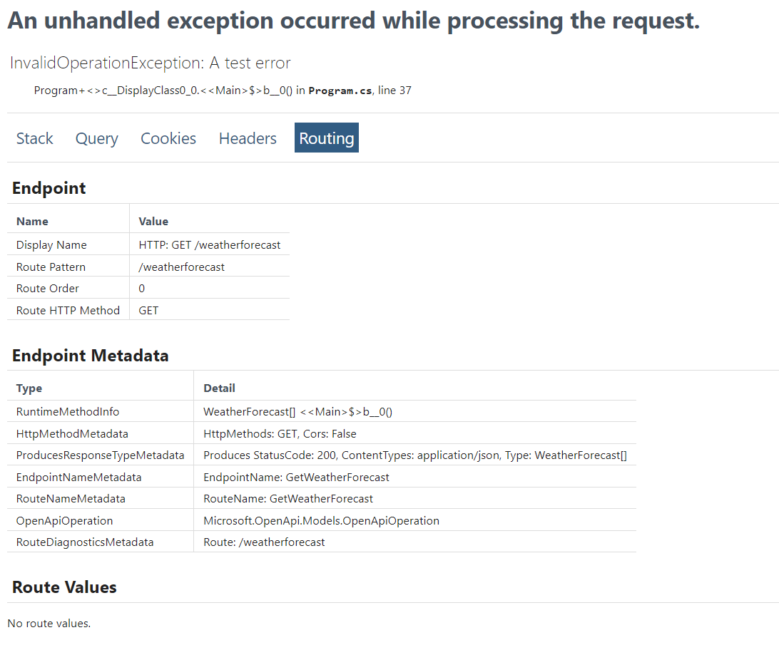 Les nouvelles informations de métadonnées sur la page d’exception du développeur