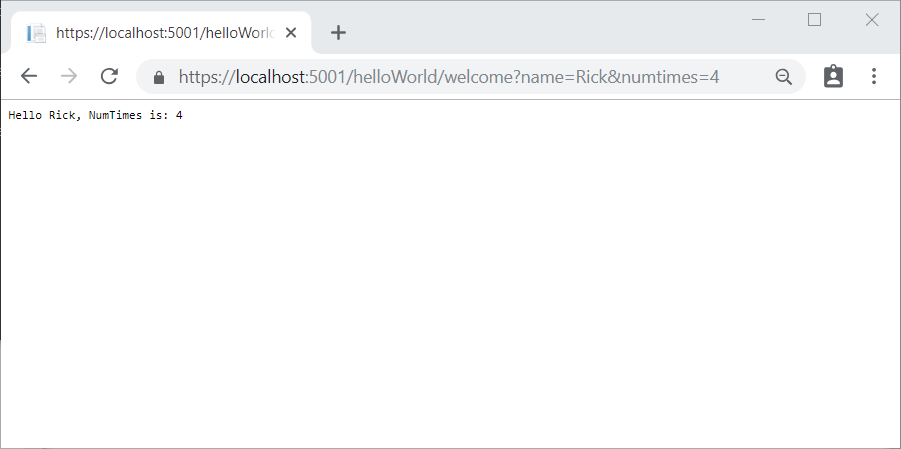 Fenêtre de navigateur montrant une réponse de l’application « Hello Rick, NumTimes is: 4 »