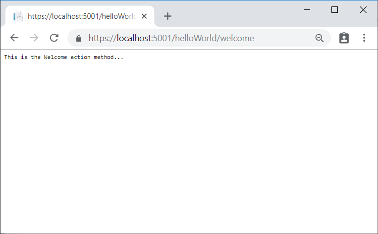 Fenêtre de navigateur montrant une réponse de la méthode d’action « This is the Welcome action »