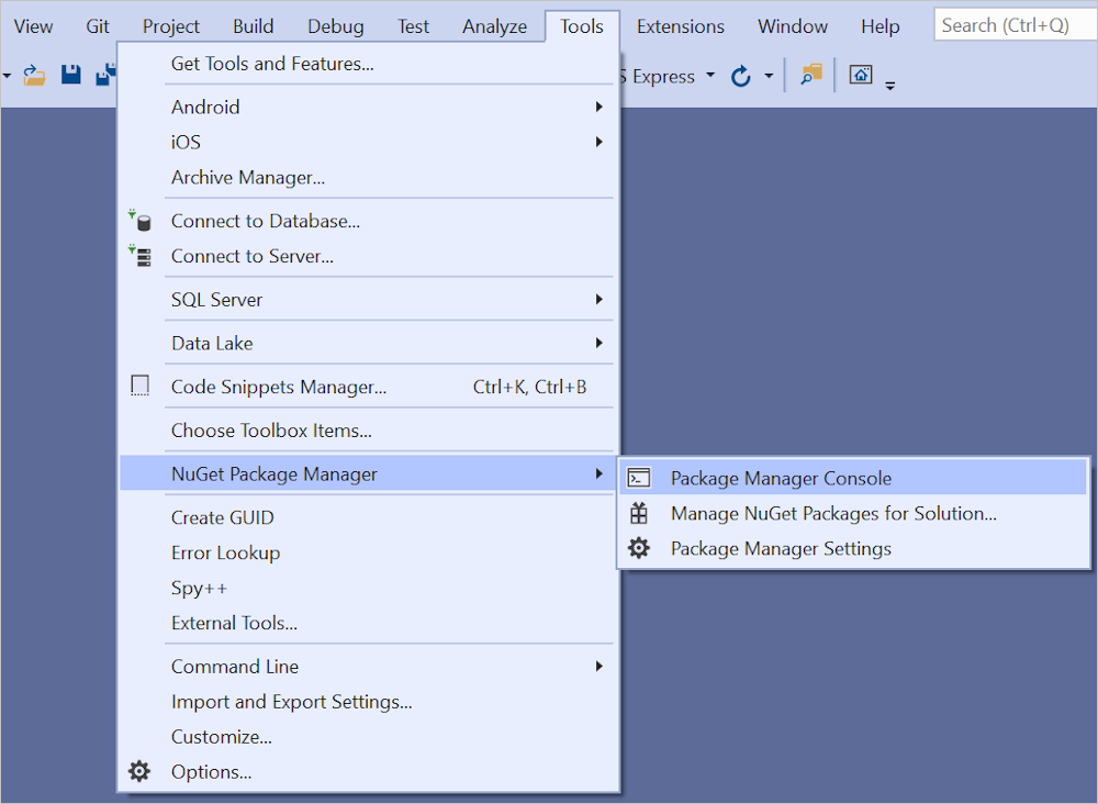 Menu Console du Gestionnaire de package