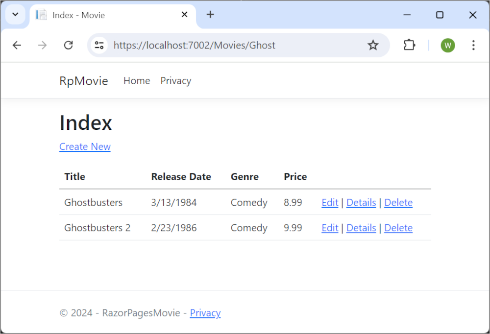 Vue Index avec le mot « ghost » ajouté à l’URL et une liste de films retournée contenant deux films, Ghostbusters et Ghostbusters 2
