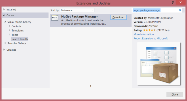 Capture d’écran de la boîte de dialogue Extensions et mises à jour montrant le Gestionnaire de package NuGet dans les résultats de la recherche, mis en surbrillance en gris.