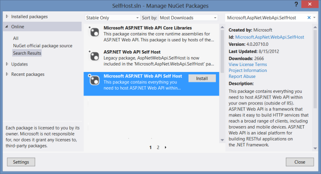 Capture d’écran de la boîte de dialogue Gérer les packages NuGet montrant Microsoft A S P dot Net Web A P I Self Host, qui est mis en surbrillance en bleu.