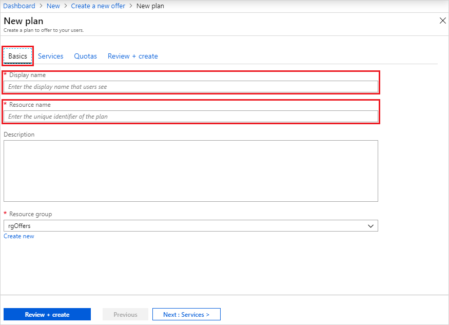 Capture d’écran représentant le nom complet des plans dans le portail d’administration Azure Stack Hub.