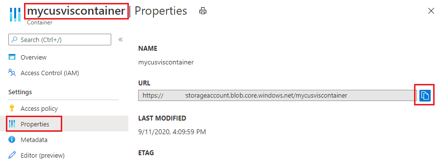 Page de propriétés du conteneur de stockage Azure