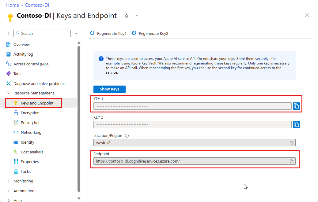 Capture d’écran des clés et de l’emplacement du point de terminaison dans le Portail Azure.