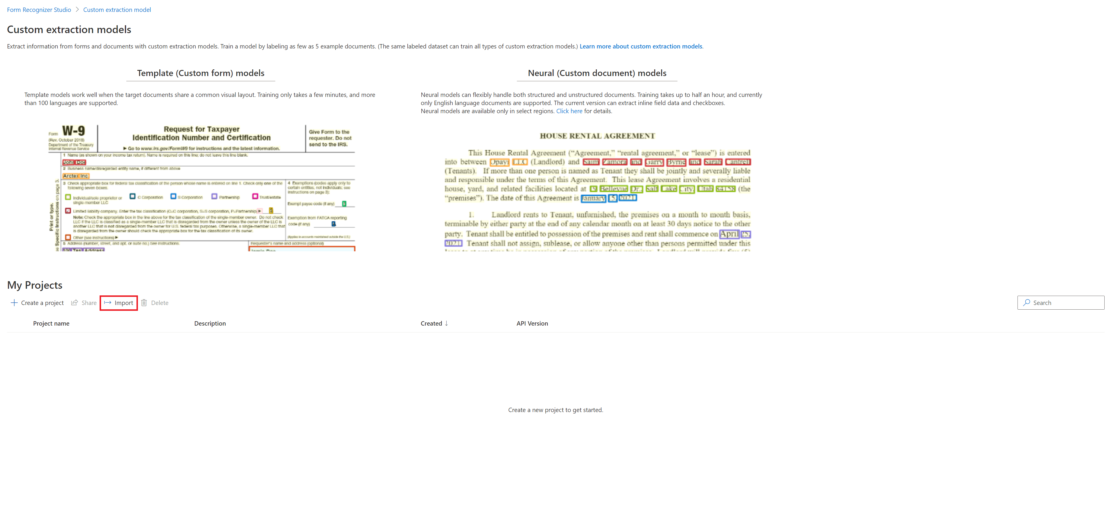 Capture d’écran de Sélectionner Importer dans la page des modèles d’extraction personnalisés.