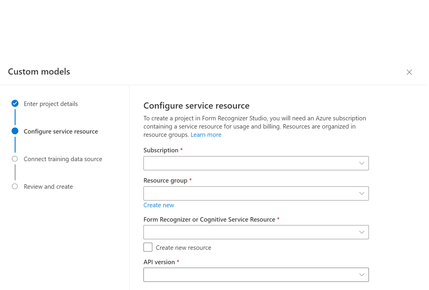 Capture d’écran de l’option Sélectionner la ressource d’Intelligence documentaire.