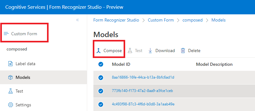 Capture d’écran de la fenêtre de configuration du modèle dans Document Intelligence Studio.