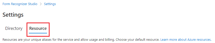 Capture d’écran de l’onglet Ressource de la page Paramètres du studio.