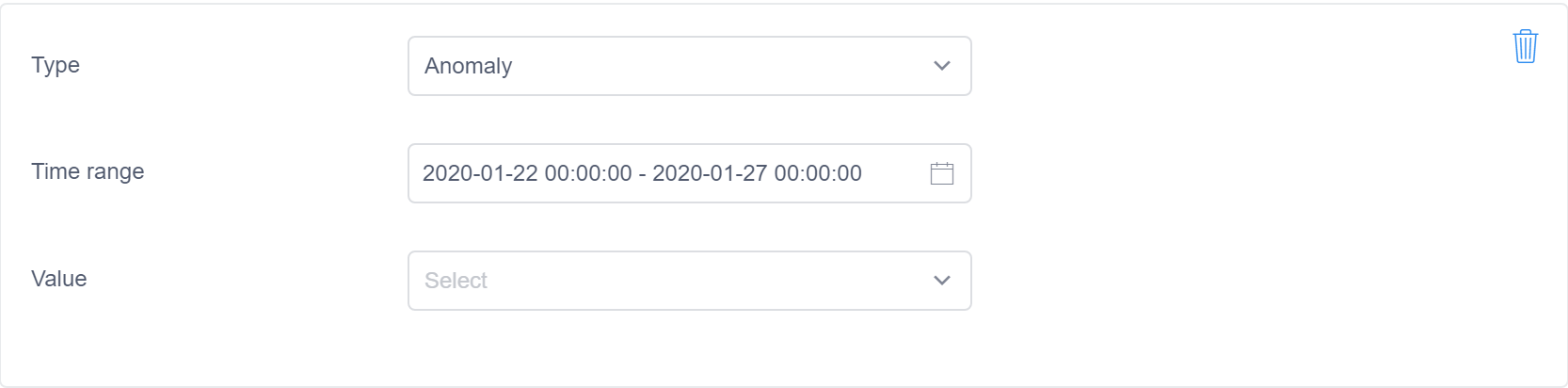 Anomaly feedback menu with anomaly selected and a specific time range