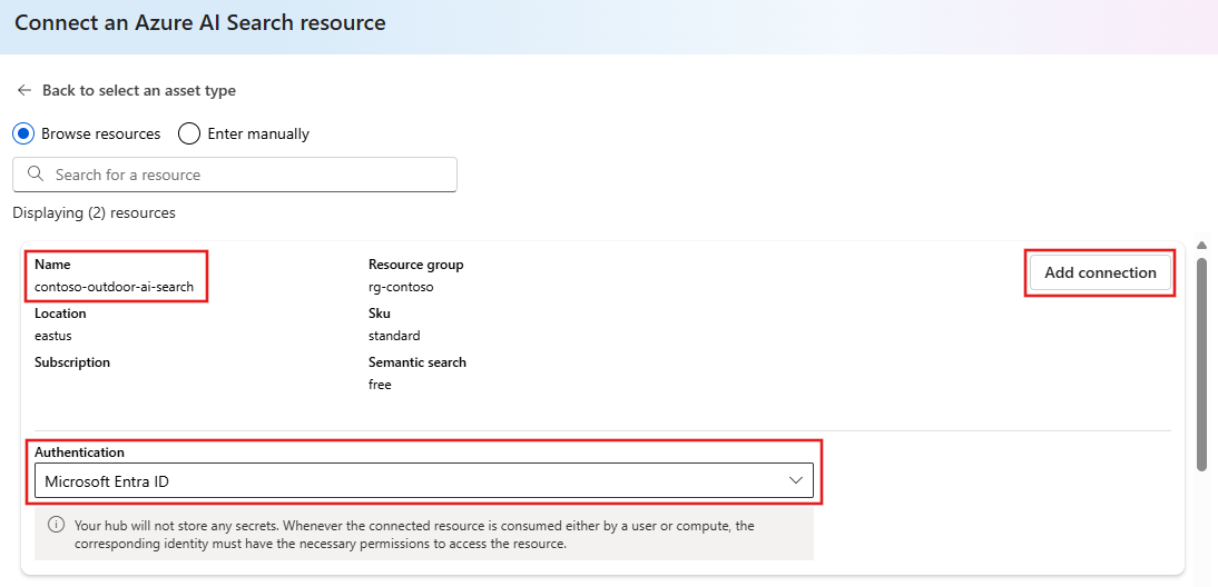 Capture d’écran de la page permettant de sélectionner le service Recherche Azure AI auquel vous voulez vous connecter.