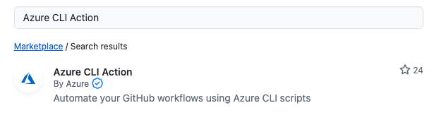 Résultat de la recherche pour « Action Azure CLI » avec le premier résultat montrant qu’elle a été créée par Azure