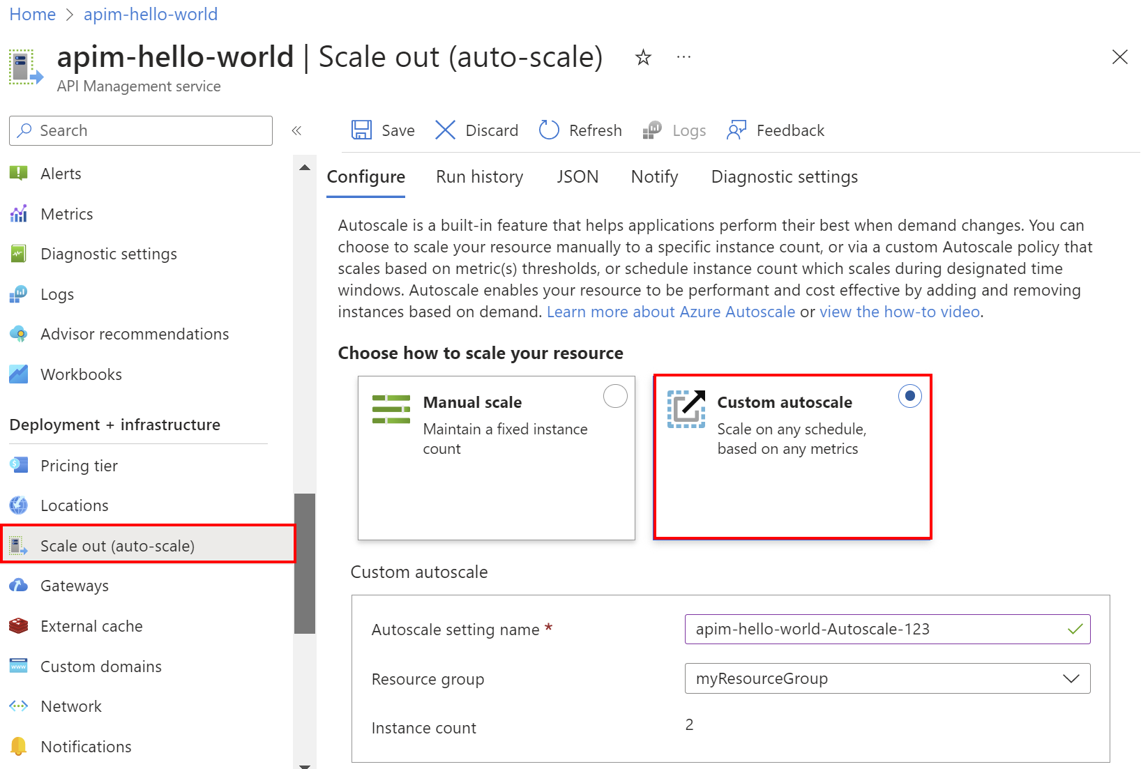 Capture d’écran des options de scale-out dans le portail.