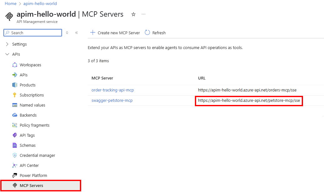 Capture d’écran de la liste des serveurs MCP dans le portail.