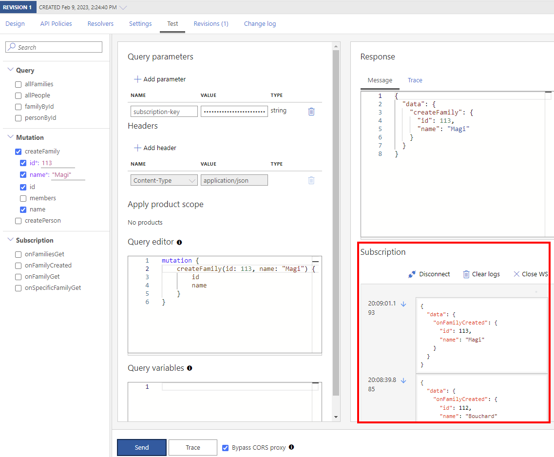 Capture d’écran des événements d’un abonnement GraphQL dans le portail.