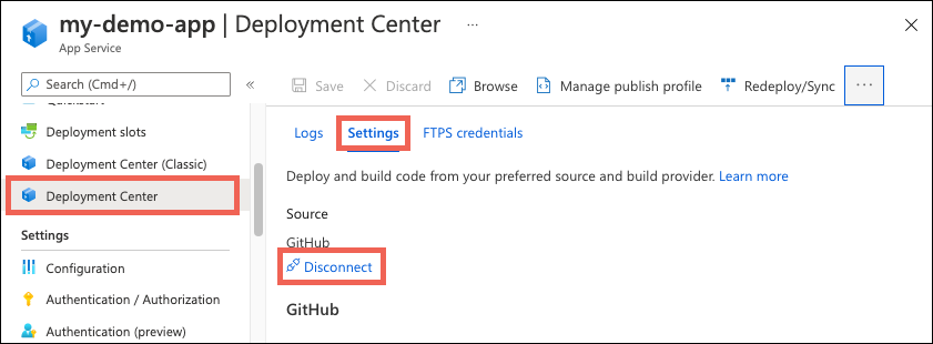 Capture d’écran montrant comment déconnecter la synchronisation de votre dossier cloud avec votre application App Service dans le portail Azure