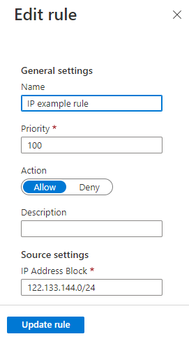 Capture d’écran du volet « Modifier la restriction d’accès » dans le portail Azure montrant les champs d’une règle de restriction d’accès existante.