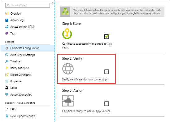 Capture d’écran du volet « Configuration du certificat » avec « Étape 2 : Vérifier » sélectionné.