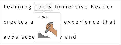 Capture d’écran du dictionnaire illustré d’Immersive Reader affichant l’image d’un outil pour le mot outil.