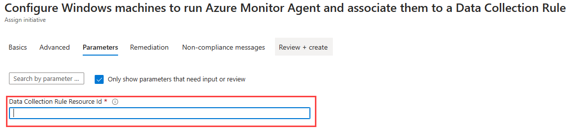 Capture d’écran de l’onglet Paramètres de la boîte de dialogue Configurer les machines Windows avec mise en évidence du champ ID de la ressource de règle de collecte de données.