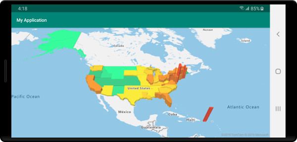 Carte choroplèthe des États américains, colorée et étirée verticalement sous la forme de polygones extrudés en fonction de la densité de la population.