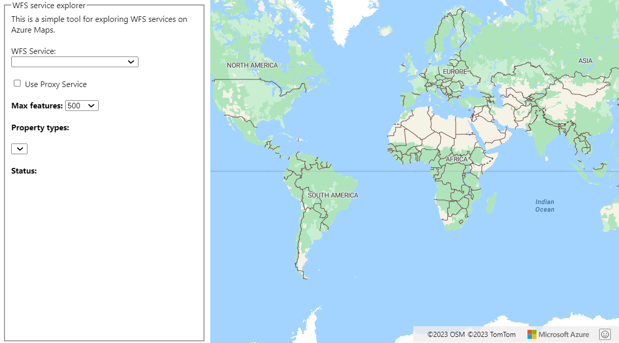 Capture d’écran montrant un outil simple pour explorer des services WFS sur Azure Maps.