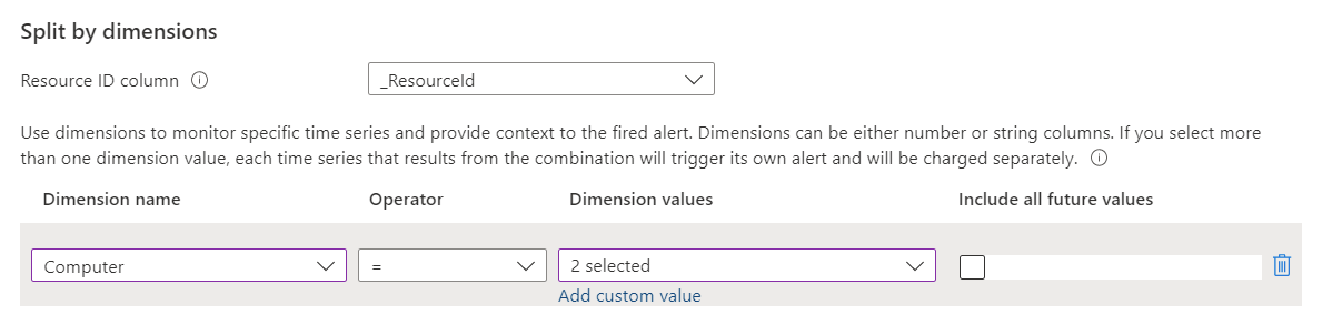 Capture d'écran illustrant la section de Fractionnement par dimensions d'une nouvelle règle d'alerte au niveau de la recherche dans les journaux.