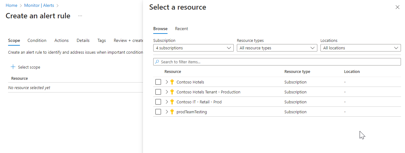 Capture d’écran montrant le volet Sélectionner une ressource pour créer une règle d’alerte.